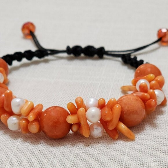 ORANGE GLASS BEAD FRESHWATER PEARL ARTISAN BRACELET WITH CRYSTALS - Picture 1 of 2